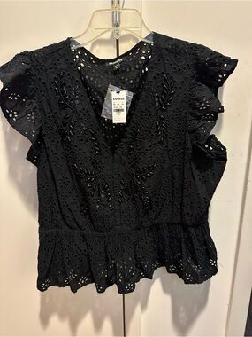 🆕 Express Black Eyelet Peplum V-Neck Top with Flutter Sleeves